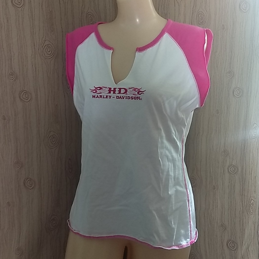 Harley Davidson Sleeveless Tee Hot Pink & White